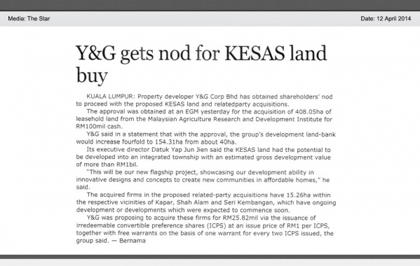 Y&G gets nod for KESAS land buy